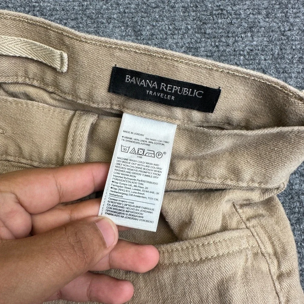 Banana Republic Traveler Pants Mens 30 Tan Maverick Linen Cotton Stretch Chino